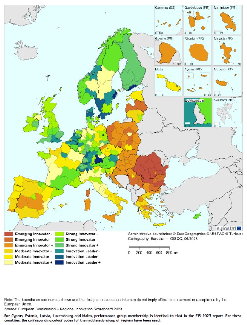 Inovační výkonnost regionů evropských států dle RIS 2023 K1 RIS 2023