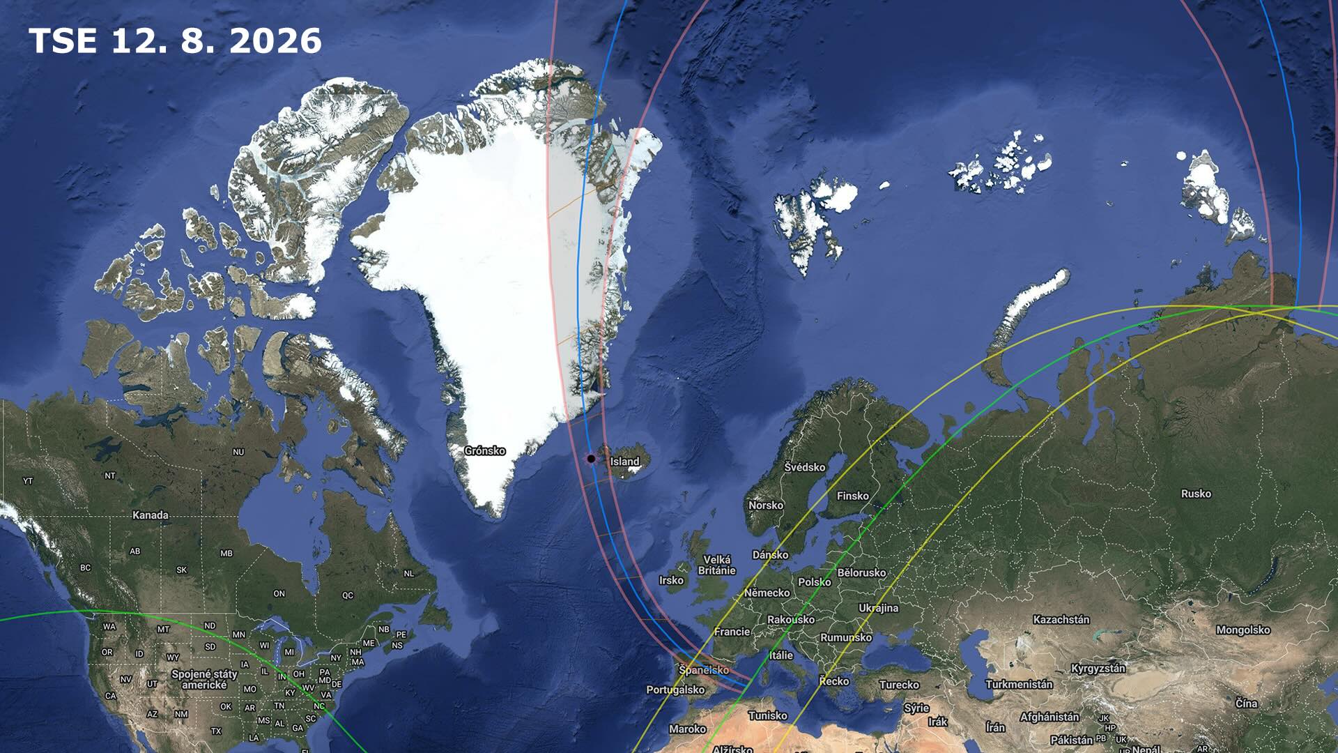 Pás totality vyznačuje oblast, kde bude pozorovatelné úplné zatmění Slunce. Letos protíná Grónsko, Island a Španělsko | Grafika: Miloslav Druckmüller Zatmeni 26 uvod2