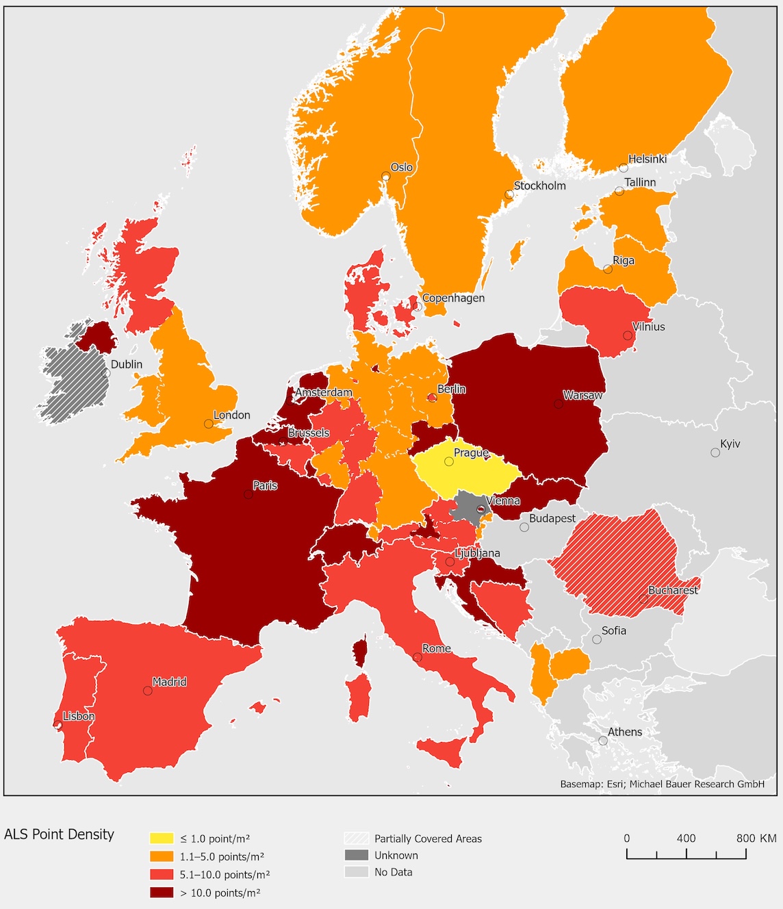 Pokrytí Evropy leteckými laserovými skenovacími kampaněmi prováděnými vládními institucemi včetně informací o bodových hustotách z nejnovějších kampaní, jsou-li dostupné. CZU letecke skenovani