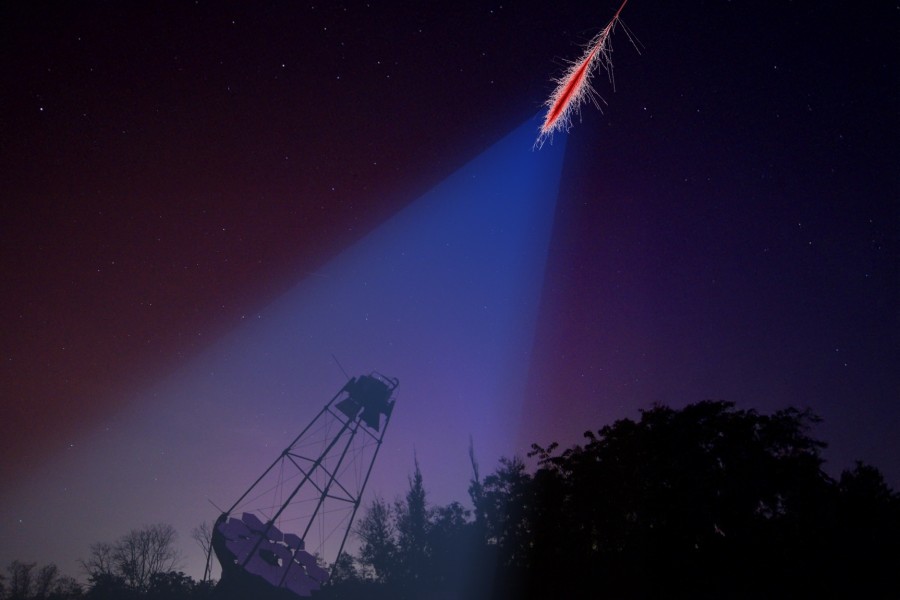 Ilustrační obrázek znázorňující kuželovité šíření Čerenkovova záření z atmosférické spršky způsobené fotonem gama | Foto: Jiří Srba, Ilustrace: Dan Hasalík