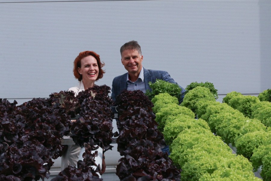 Doktorandka a zakladatelka start-upu Salát na střeše Tereza Nalezená a ředitel společnosti DB Schenker Tomáš Holomoucký | Foto: Adam Pluhař