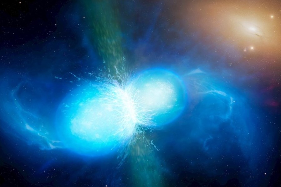Vizualizace dvou neutronových hvězd v momentě, kdy splynou a explodují jako kilonova | Autor: University of Warwick, Mark Garlick 