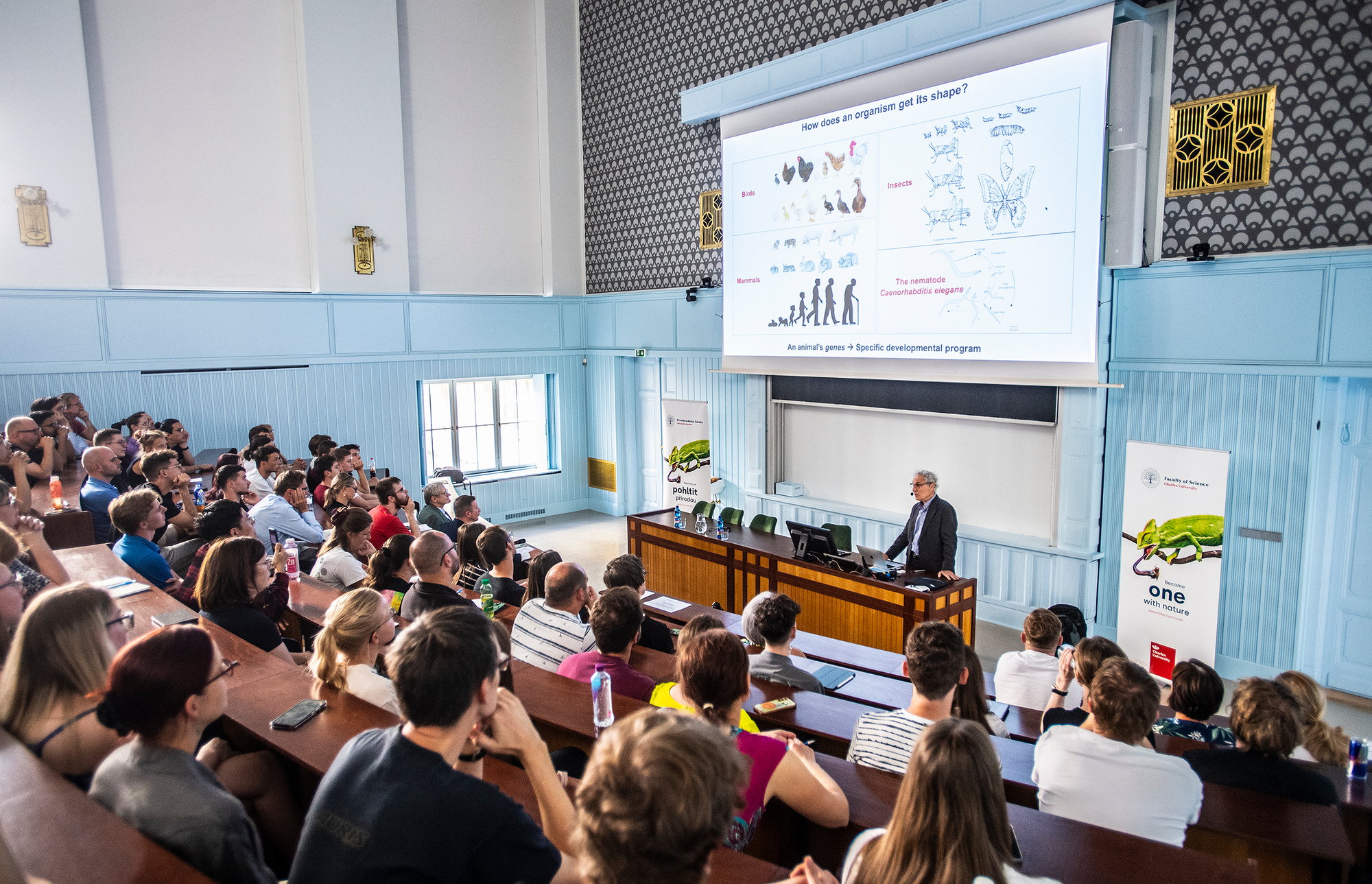 Victor Ambros přednesl ve zcela zaplněné Velké geologické posluchárně Přírodovědecké fakulty UK přednášku na téma Development timers in a tiny worm! ambros03
