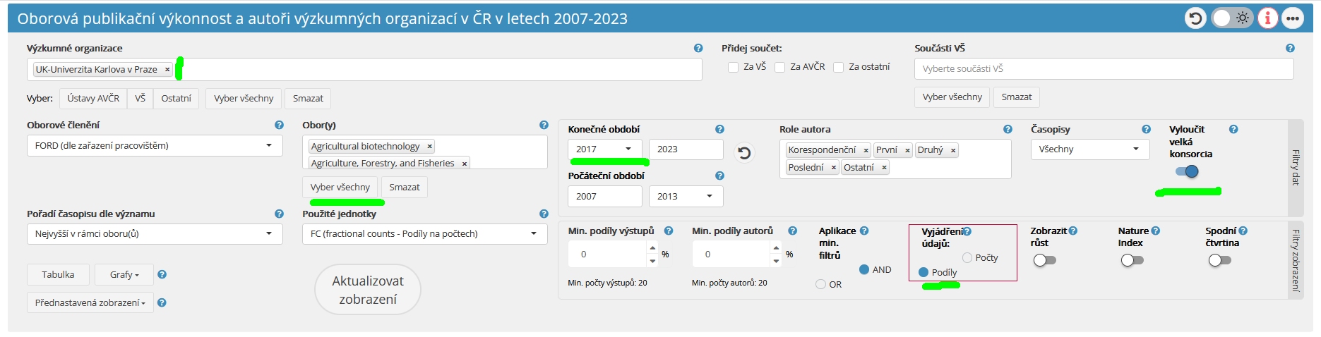 Obrázek 1: Nastavení menu v online aplikaci k zobrazení všech oborů jedné vysoké školy munich obr1